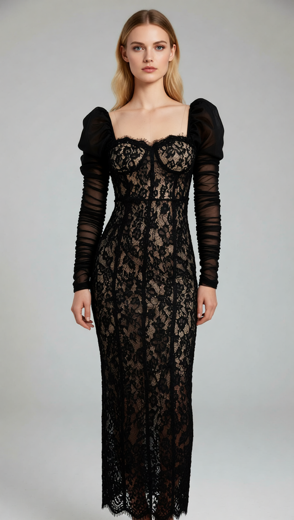 AIIZIE Jordane Black Lace Long Sleeve Maxi Dress - Elegant Evening Gown for Women - product image