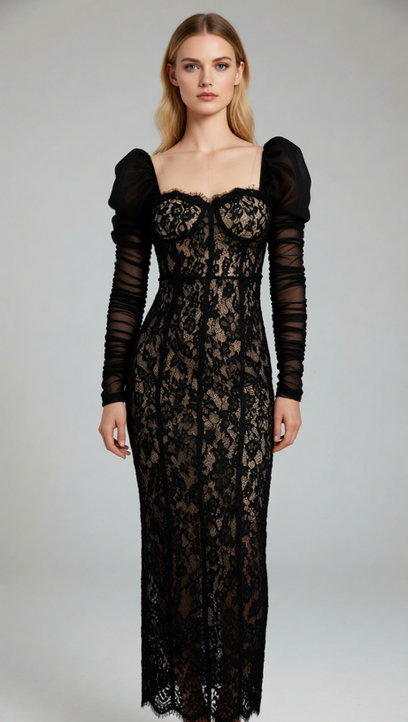 Jordane Black Lace Long Sleeve Maxi Dress - Elegant Evening Gown for Women