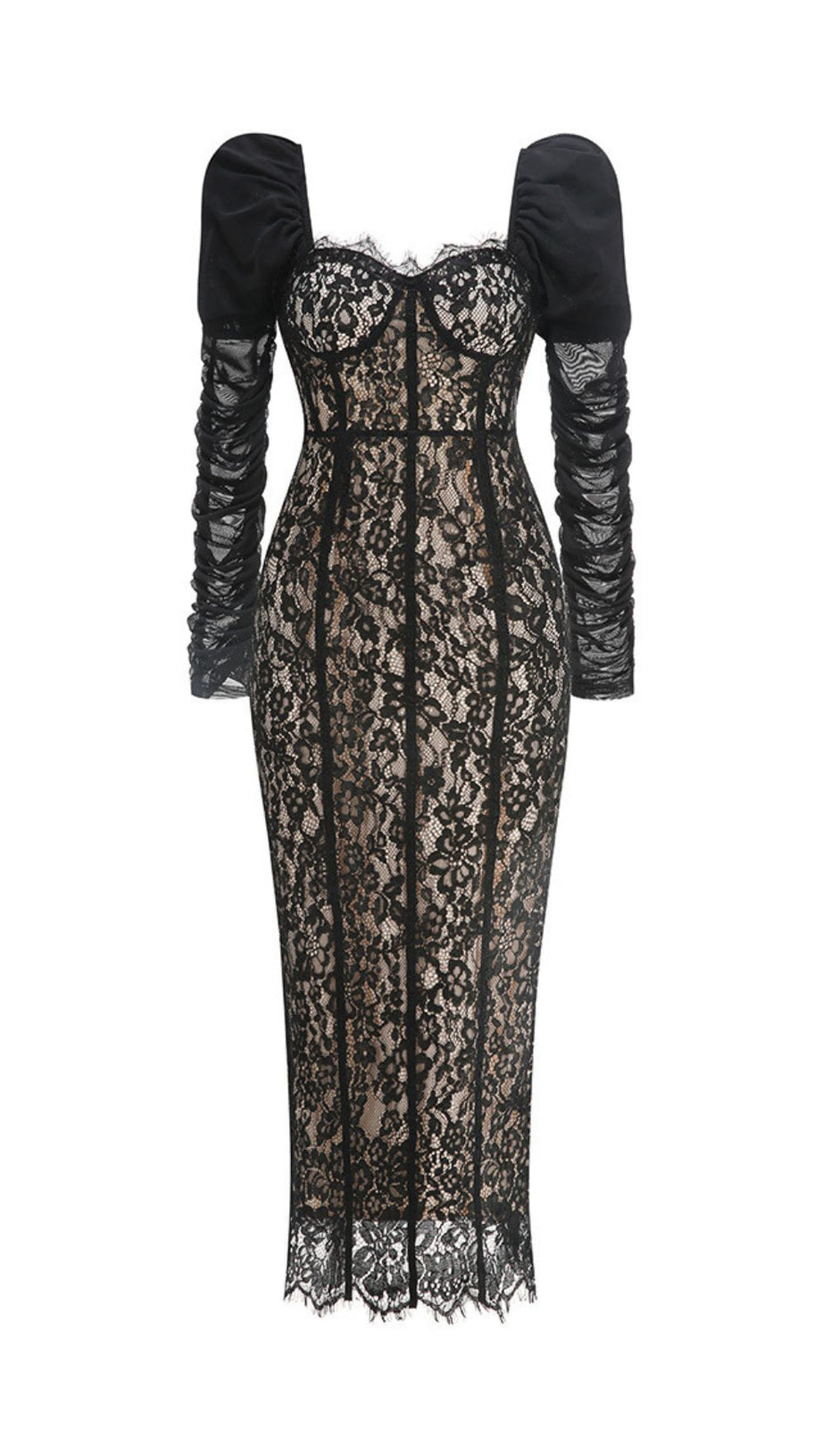 Jordane Black Lace Long Sleeve Maxi Dress - Elegant Evening Gown for Women