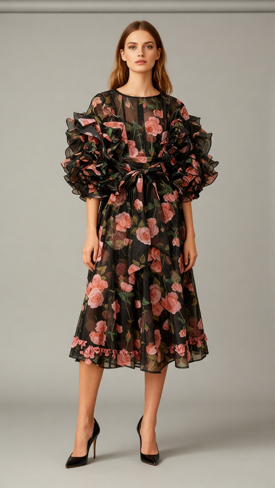 Jordin Romantic Ruffle Sleeve Floral Midi Dress | Women's Blue & Pink