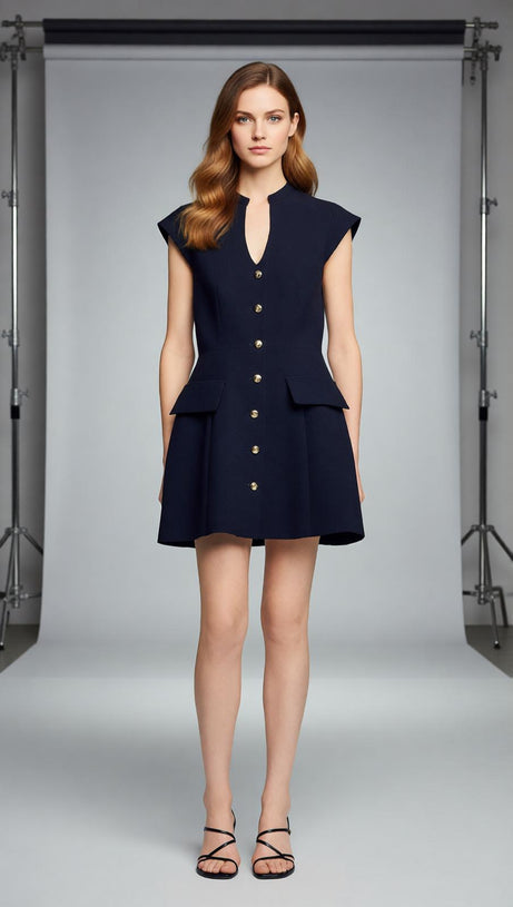 Jordon Chic Black Mini Dress | Button-Front with Gold Accents & Cap Sleeves