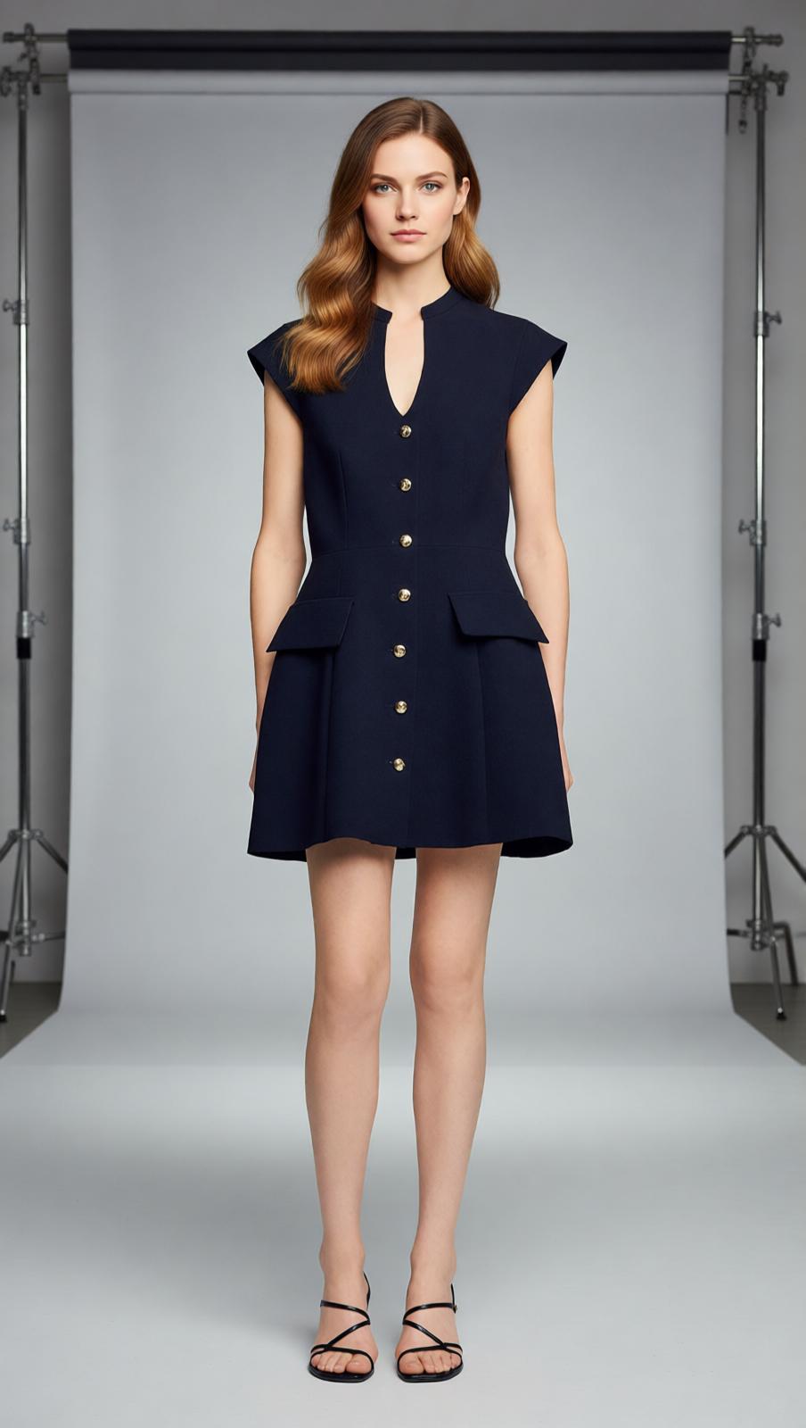 Jordon Chic Black Mini Dress | Button-Front with Gold Accents & Cap Sleeves
