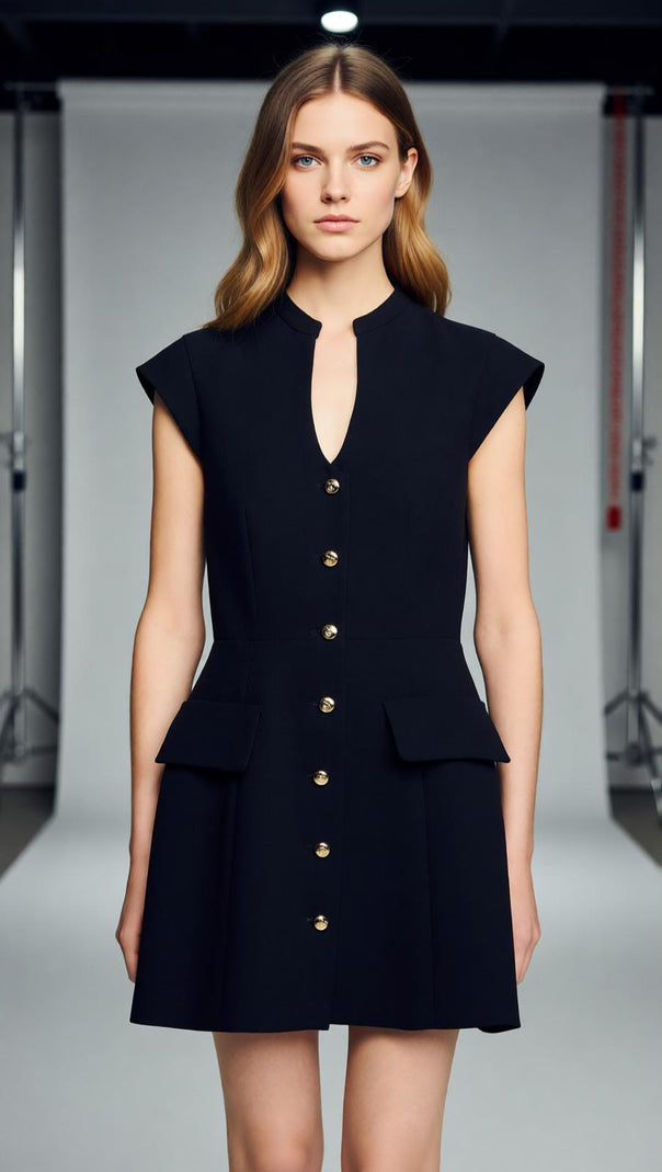 AIIZIE Jordon Chic Black Mini Dress | Button-Front with Gold Accents & Cap Sleeves - product image