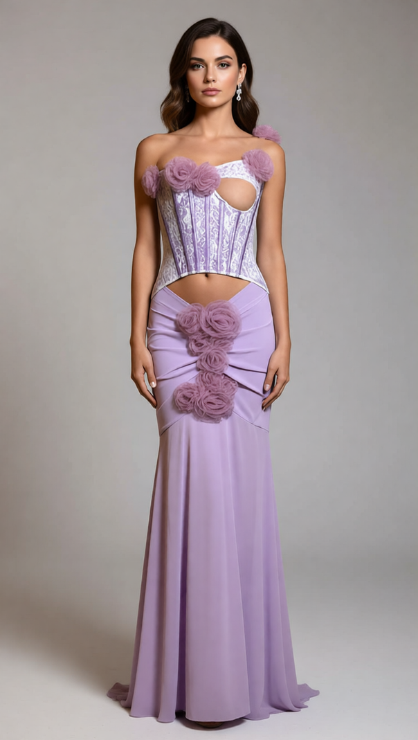 AIIZIE Josephine Chic Purple Floral One-Shoulder Corset Maxi Dress - product image