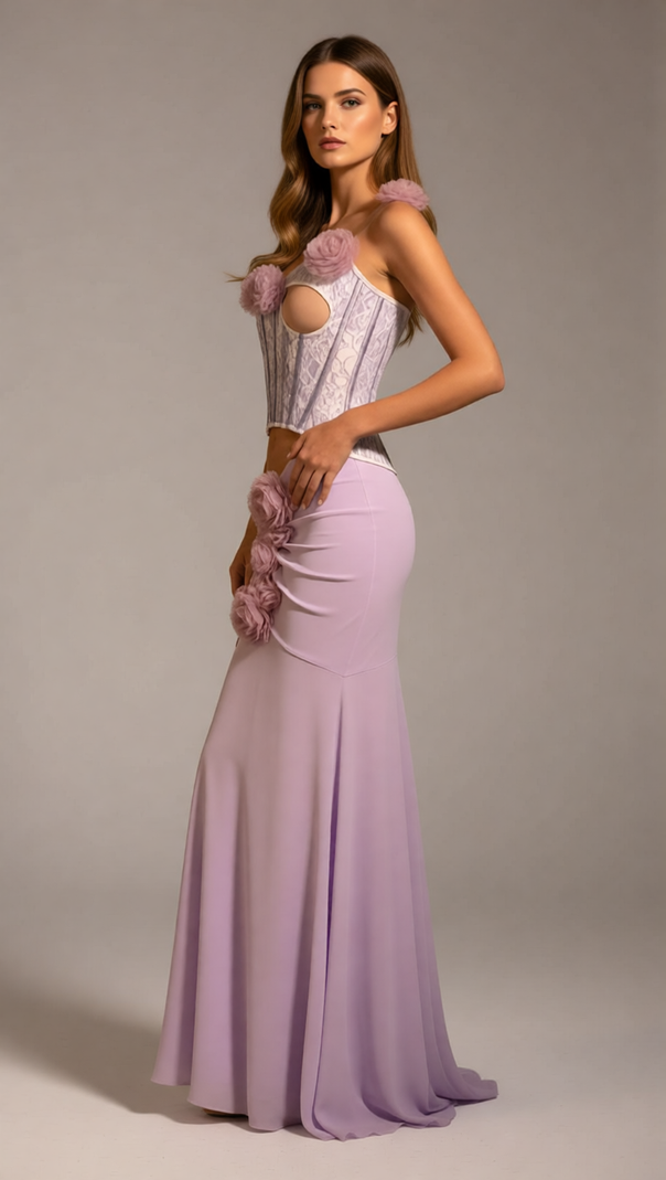 AIIZIE Josephine Chic Purple Floral One-Shoulder Corset Maxi Dress - product image