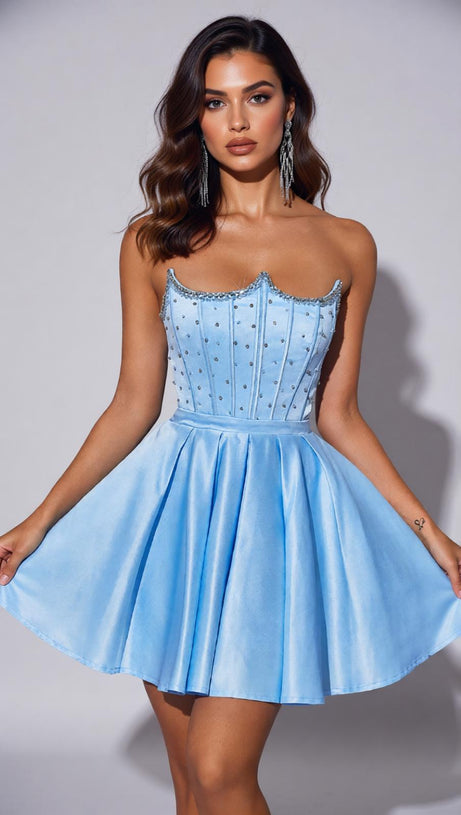 Josephus Dazzling Blue Strapless Embellished Corset Mini Dress