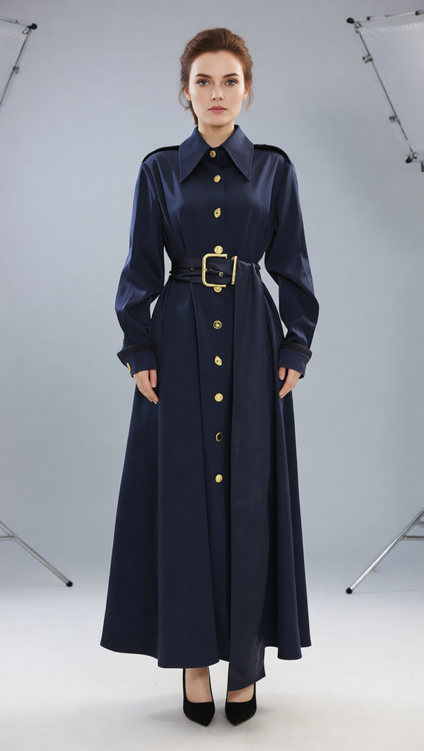AIIZIE Josette Elegant Navy Maxi Dress | Gold Button & Belted Long Sleeve Gown - product image