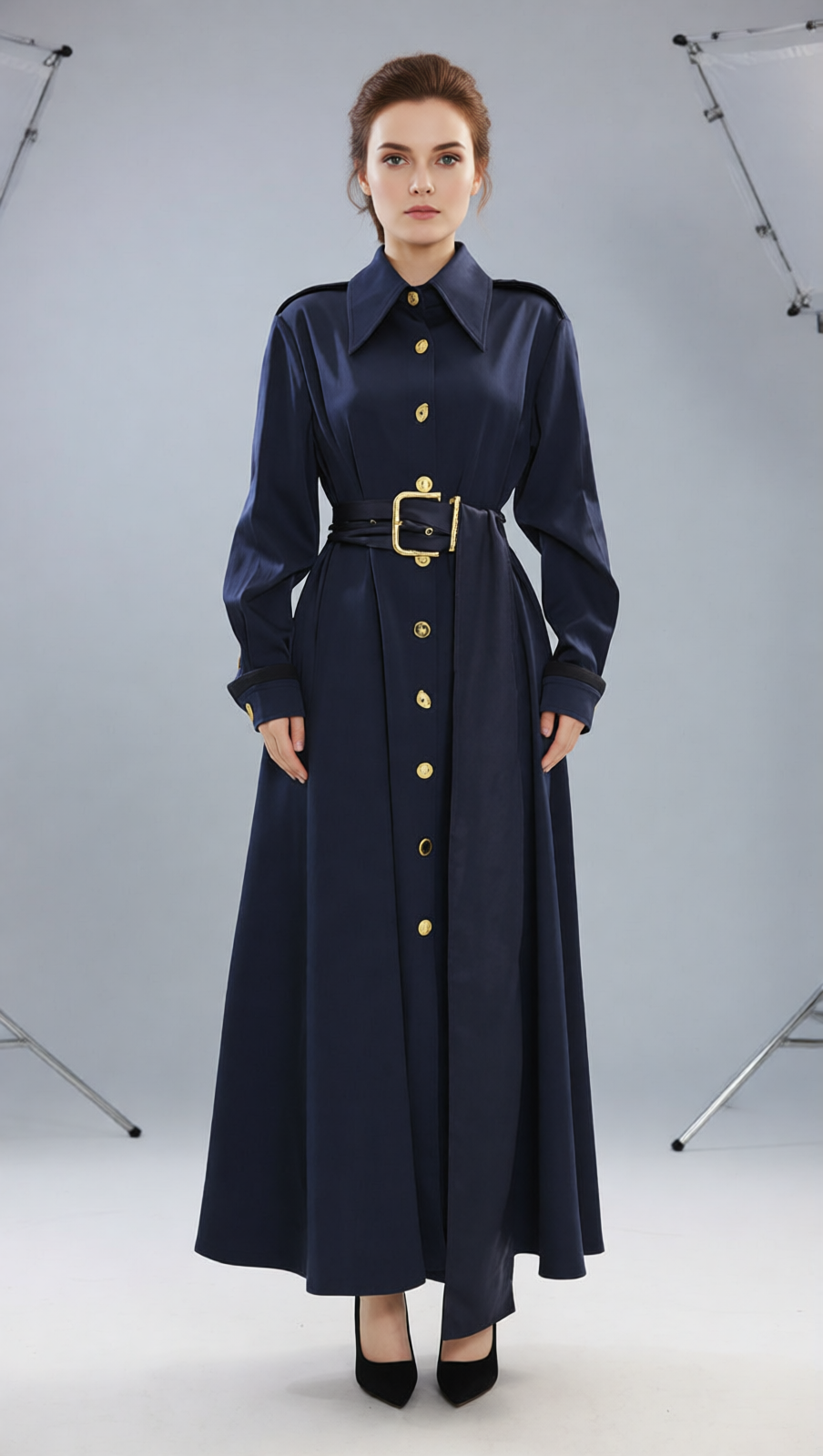 Josette Elegant Navy Maxi Dress | Gold Button & Belted Long Sleeve Gown