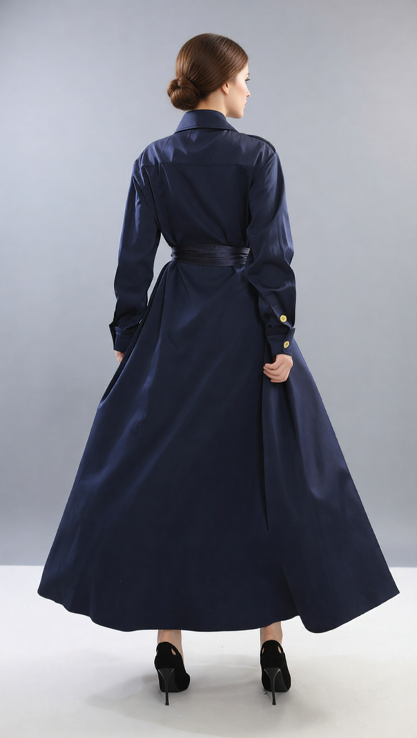 AIIZIE Josette Elegant Navy Maxi Dress | Gold Button & Belted Long Sleeve Gown - product image