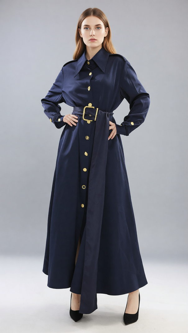 AIIZIE Josette Elegant Navy Maxi Dress | Gold Button & Belted Long Sleeve Gown - product image