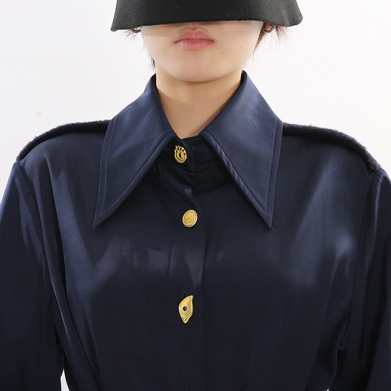 Josette Elegant Navy Maxi Dress | Gold Button & Belted Long Sleeve Gown