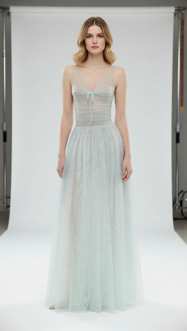 AIIZIE Josie Ethereal Light Blue Mesh Maxi Dress | Elegant V-Neck Formal Gown - product image