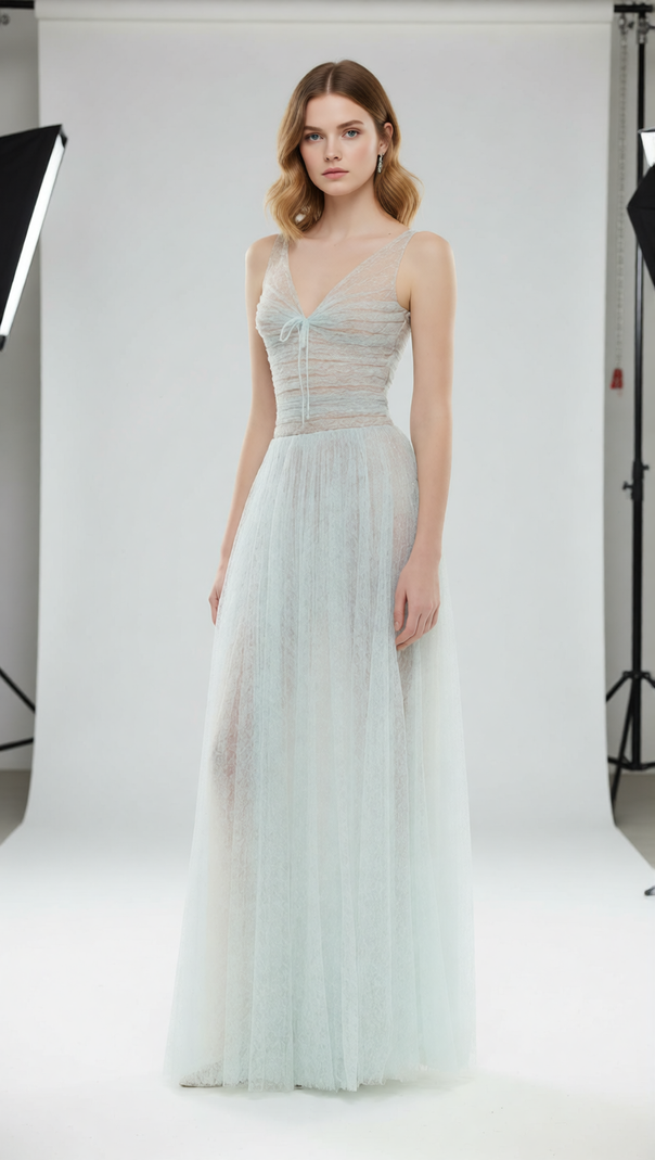 AIIZIE Josie Ethereal Light Blue Mesh Maxi Dress | Elegant V-Neck Formal Gown - product image