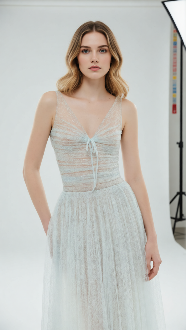 AIIZIE Josie Ethereal Light Blue Mesh Maxi Dress | Elegant V-Neck Formal Gown - product image