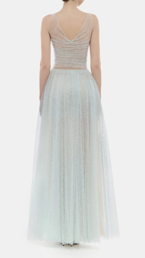 AIIZIE Josie Ethereal Light Blue Mesh Maxi Dress | Elegant V-Neck Formal Gown - product image