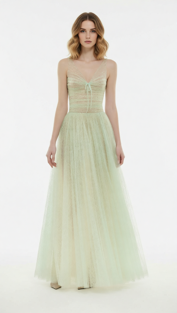 AIIZIE Josie Mint Green Sparkle V-Neck Mesh Maxi Gown - Ethereal Evening Dress - product image