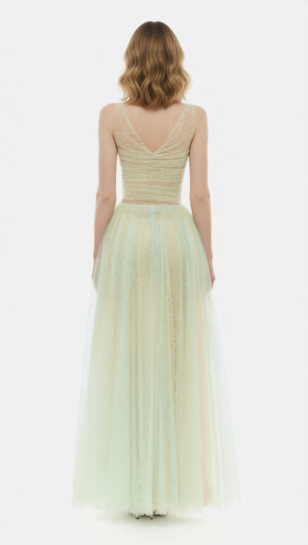 AIIZIE Josie Mint Green Sparkle V-Neck Mesh Maxi Gown - Ethereal Evening Dress - product image