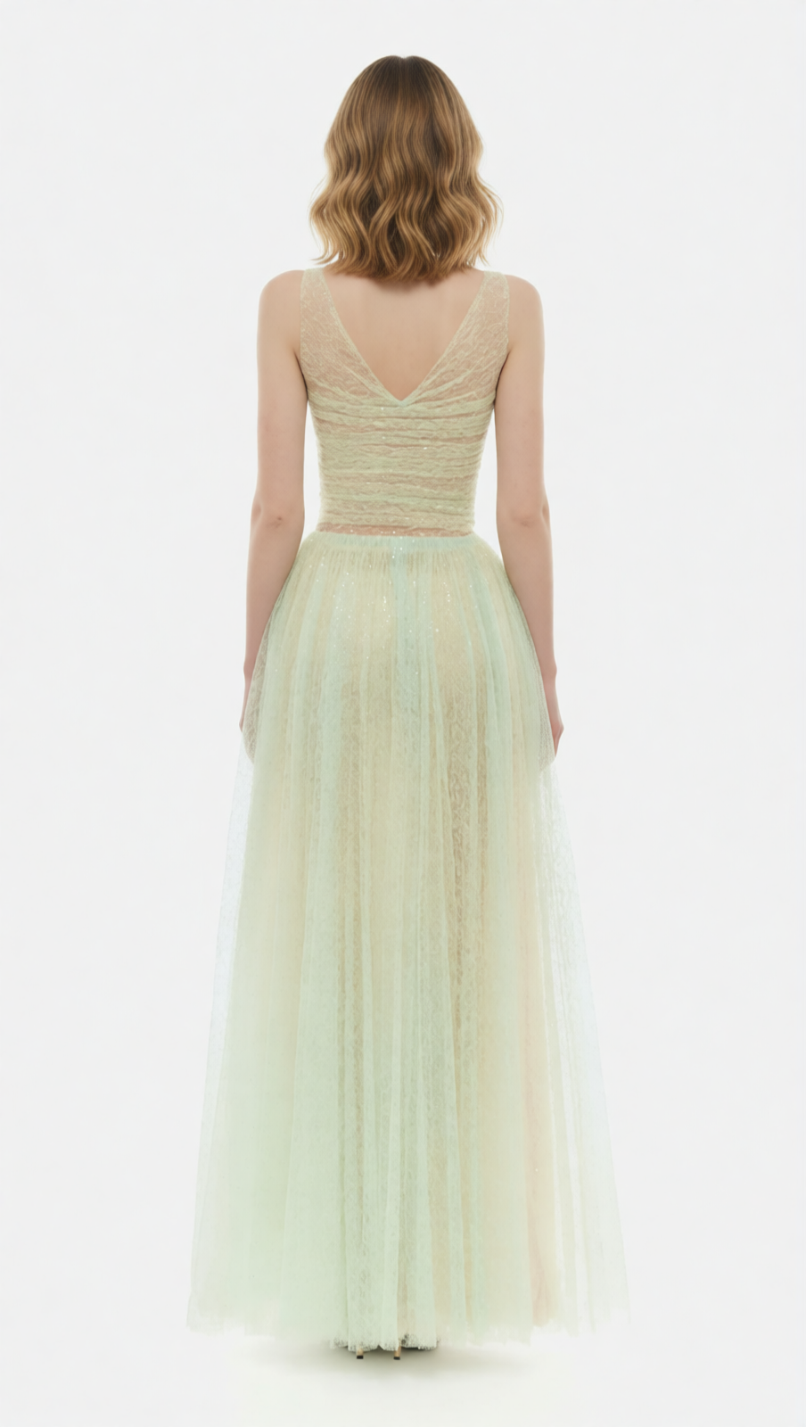 Josie Mint Green Sparkle V-Neck Mesh Maxi Gown - Ethereal Evening Dress