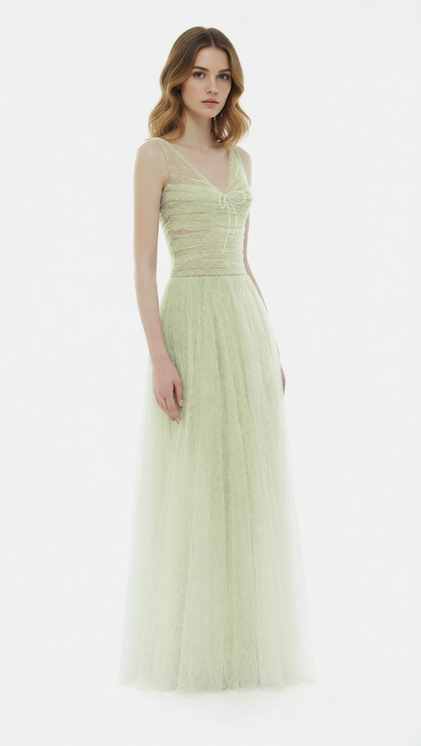 AIIZIE Josie Mint Green Sparkle V-Neck Mesh Maxi Gown - Ethereal Evening Dress - product image