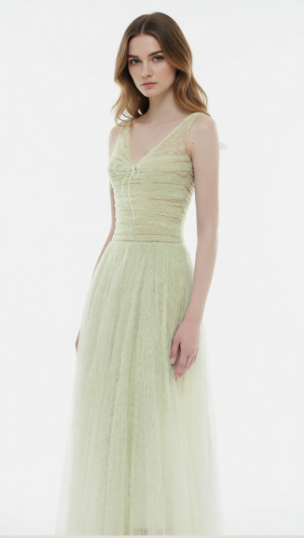 AIIZIE Josie Mint Green Sparkle V-Neck Mesh Maxi Gown - Ethereal Evening Dress - product image