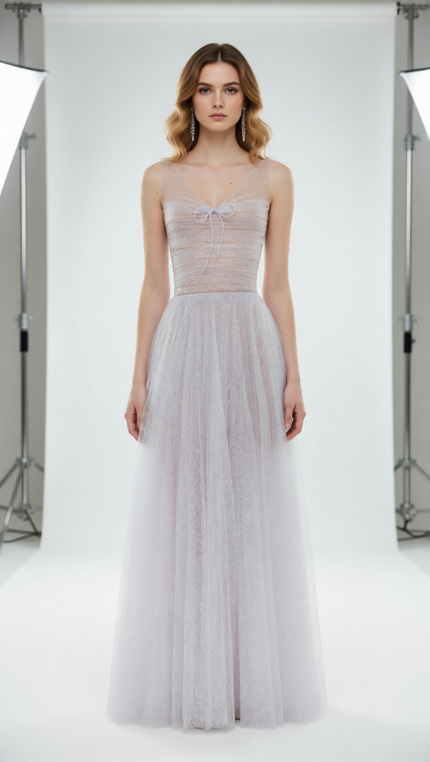 AIIZIE Josie Ethereal Lavender Sparkle Maxi Gown - V-Neck Tulle Dress - product image