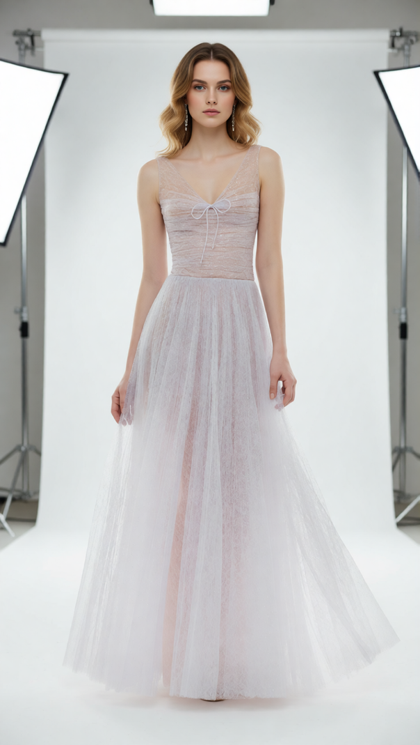 AIIZIE Josie Ethereal Lavender Sparkle Maxi Gown - V-Neck Tulle Dress - product image