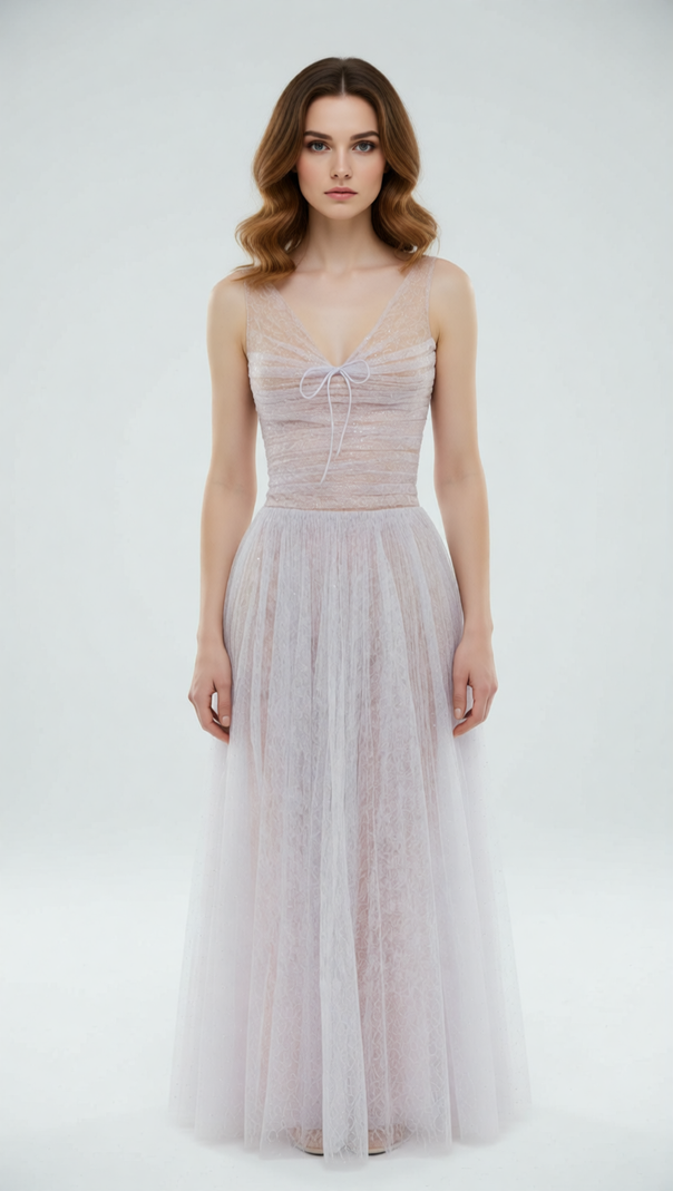 AIIZIE Josie Ethereal Lavender Sparkle Maxi Gown - V-Neck Tulle Dress - product image