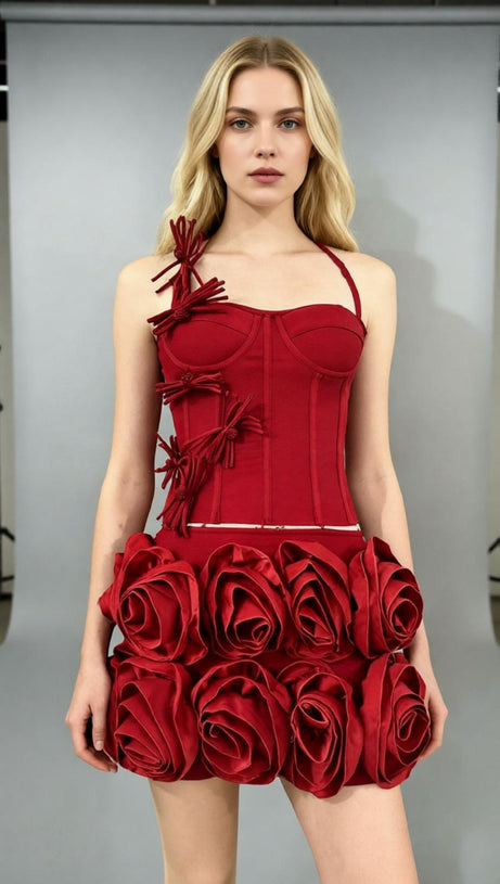 Joslyn Fiery Red Rose & Bandage Corset Two-Piece Set