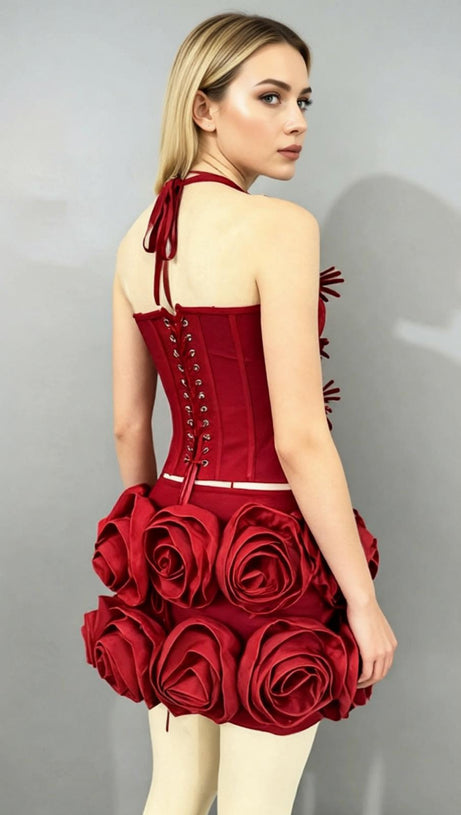 Joslyn Fiery Red Rose & Bandage Corset Two-Piece Set