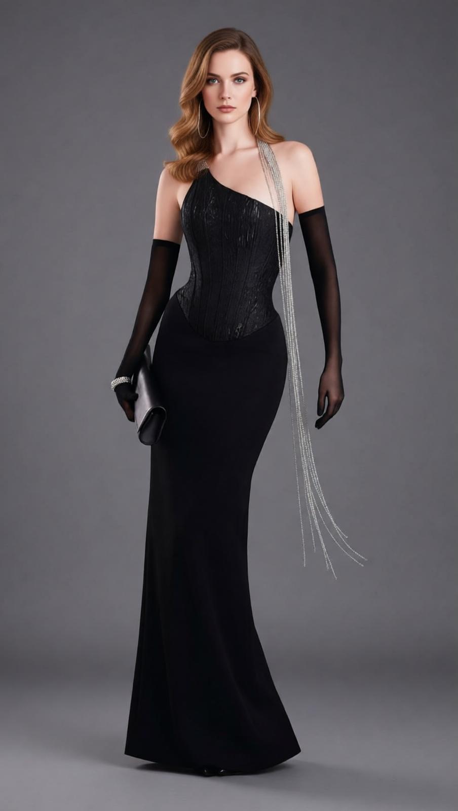 Josué Black Corset Diamond Chain One-Shoulder Bandage Maxi Gown