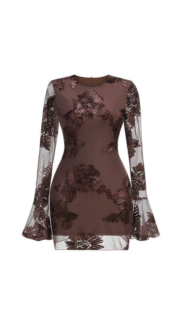 AIIZIE Jovan Coffee Flower Long Sleeve Mini Dress | Sheer Bell-Sleeve Floral Dress - product image