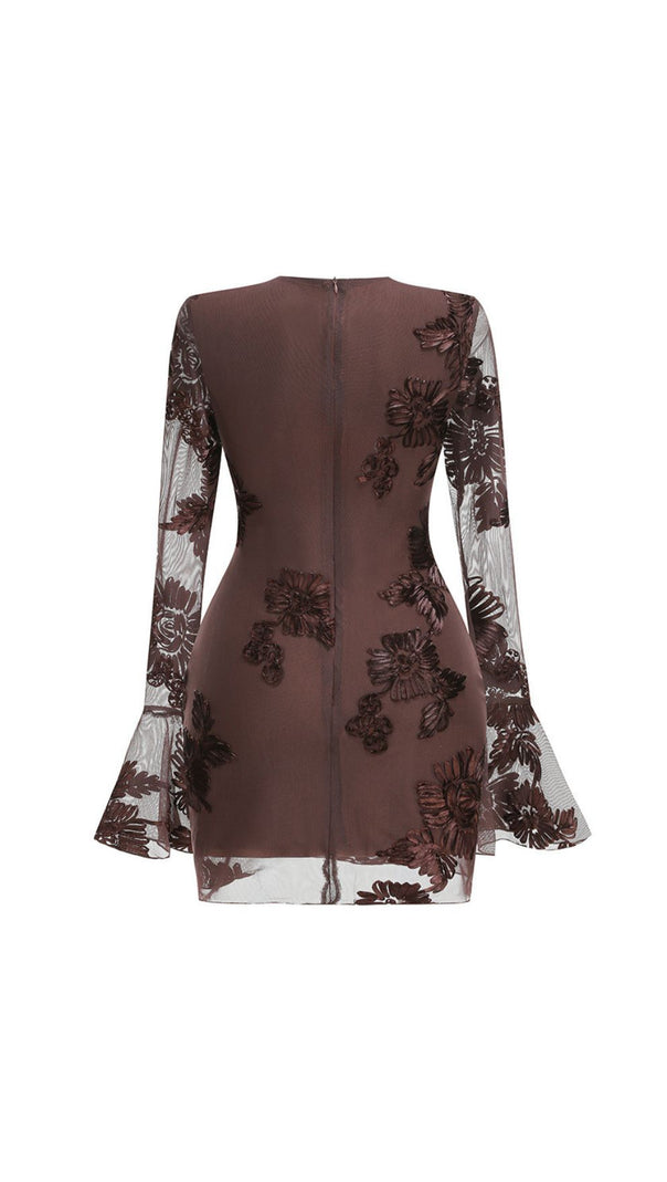 AIIZIE Jovan Coffee Flower Long Sleeve Mini Dress | Sheer Bell-Sleeve Floral Dress - product image