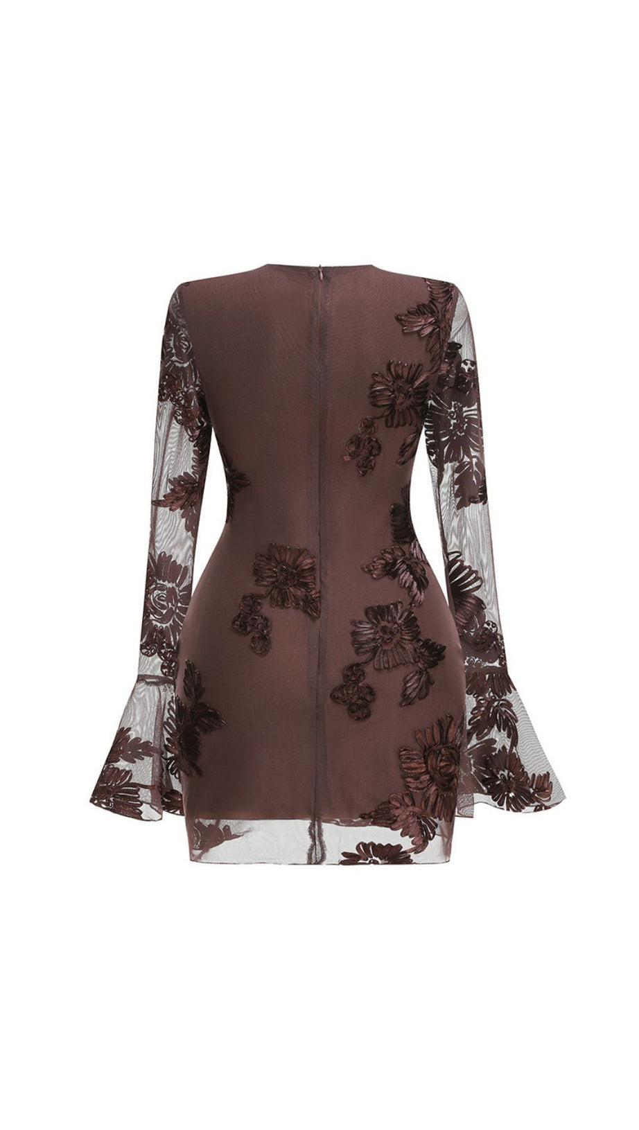 Jovan Coffee Flower Long Sleeve Mini Dress | Sheer Bell-Sleeve Floral Dress