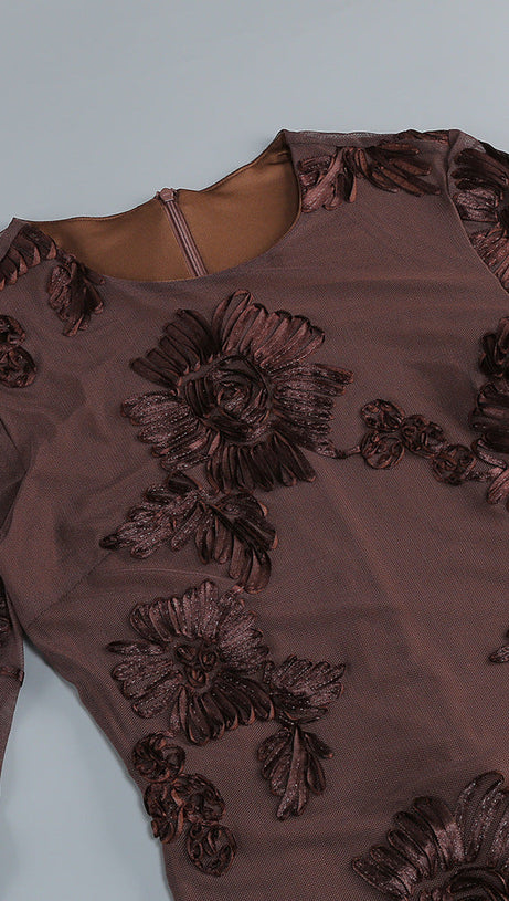 Jovan Coffee Flower Long Sleeve Mini Dress | Sheer Bell-Sleeve Floral Dress