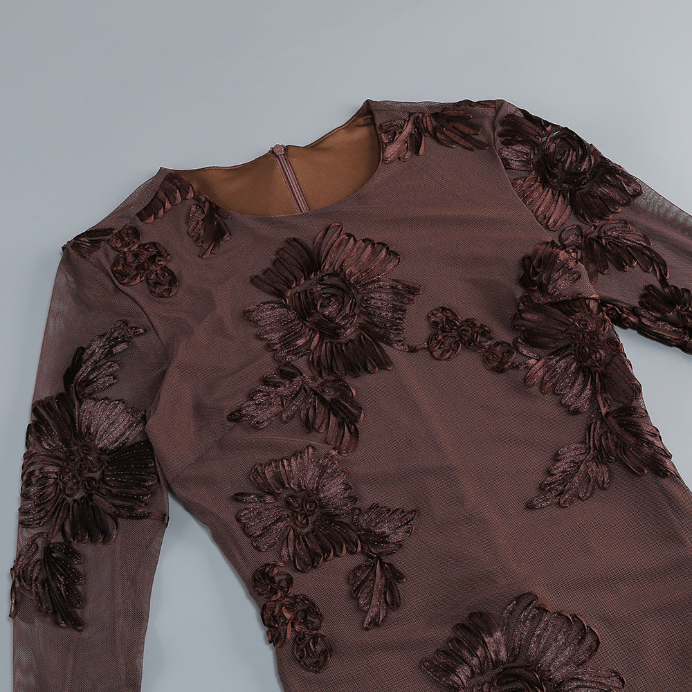 AIIZIE Jovan Coffee Flower Long Sleeve Mini Dress | Sheer Bell-Sleeve Floral Dress - product image
