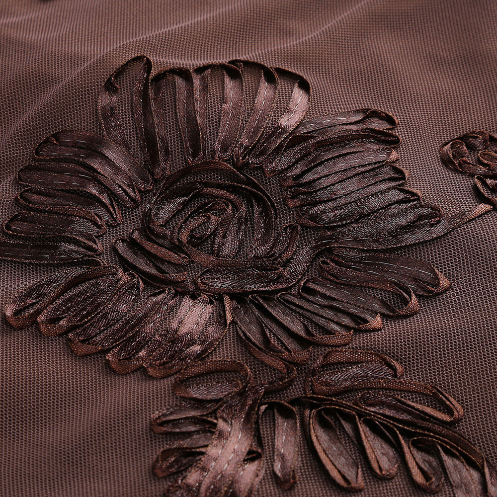 AIIZIE Jovan Coffee Flower Long Sleeve Mini Dress | Sheer Bell-Sleeve Floral Dress - product image