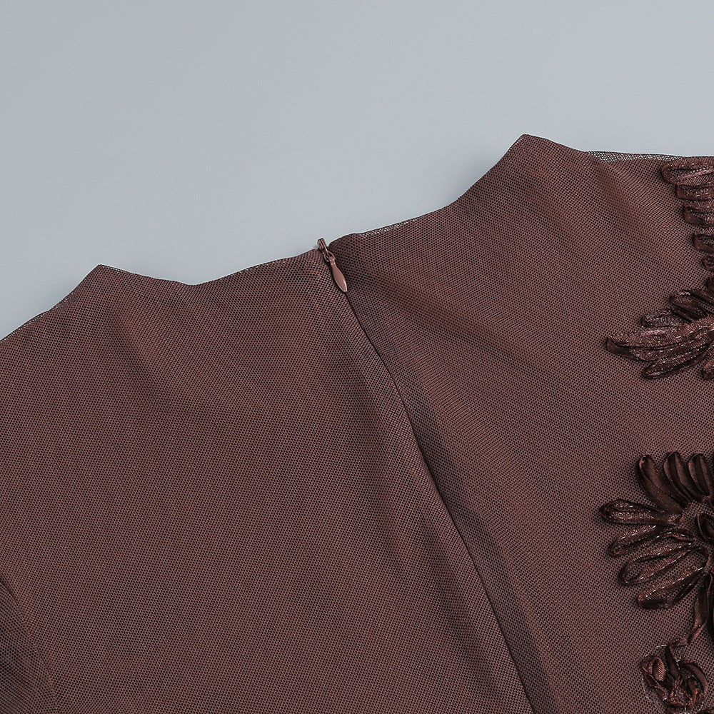 AIIZIE Jovan Coffee Flower Long Sleeve Mini Dress | Sheer Bell-Sleeve Floral Dress - product image