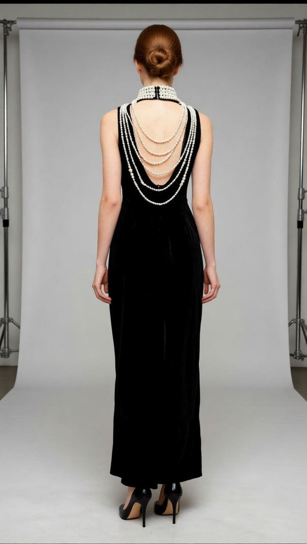 AIIZIE Jovana Black Velvet Pearl Collar Backless Maxi Dress - Luxe Evening Gown - product image