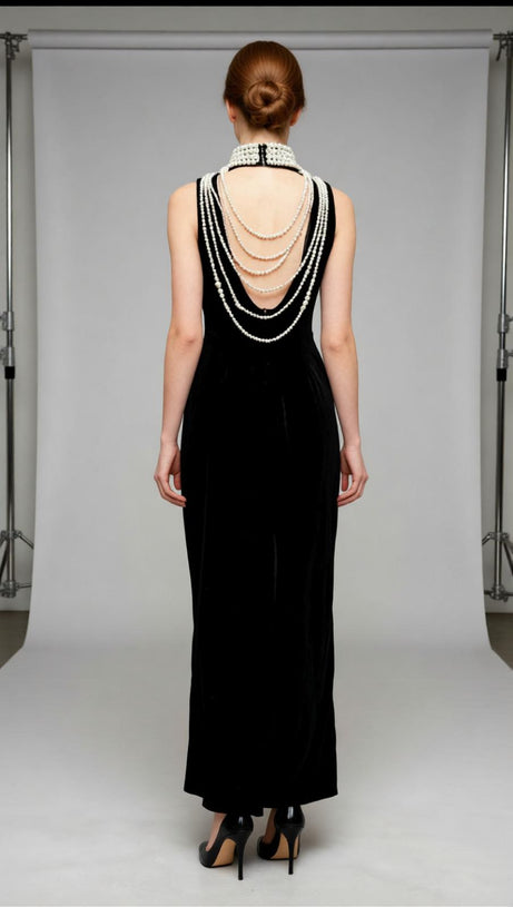 Jovana Black Velvet Pearl Collar Backless Maxi Dress - Luxe Evening Gown