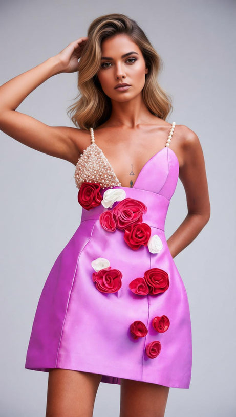 Jovanna Lavender Pearl & 3D Rose Mini Dress - Chic Party Glamour