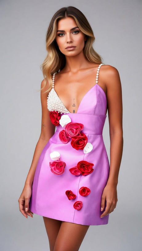 Jovanna Lavender Pearl & 3D Rose Mini Dress - Chic Party Glamour