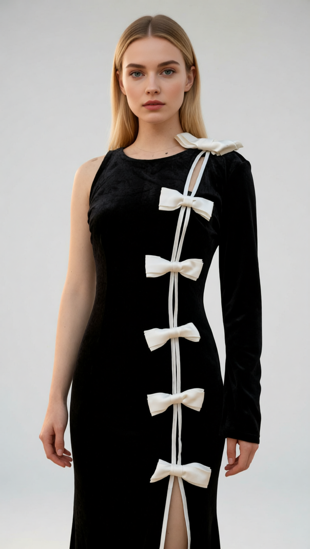 AIIZIE Joyce Black Velvet One-Sleeve Bow Maxi Gown | Statement Slit Dress - product image