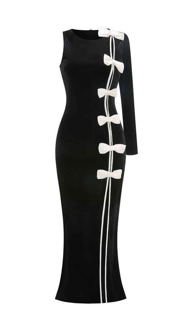 AIIZIE Joyce Black Velvet One-Sleeve Bow Maxi Gown | Statement Slit Dress - product image