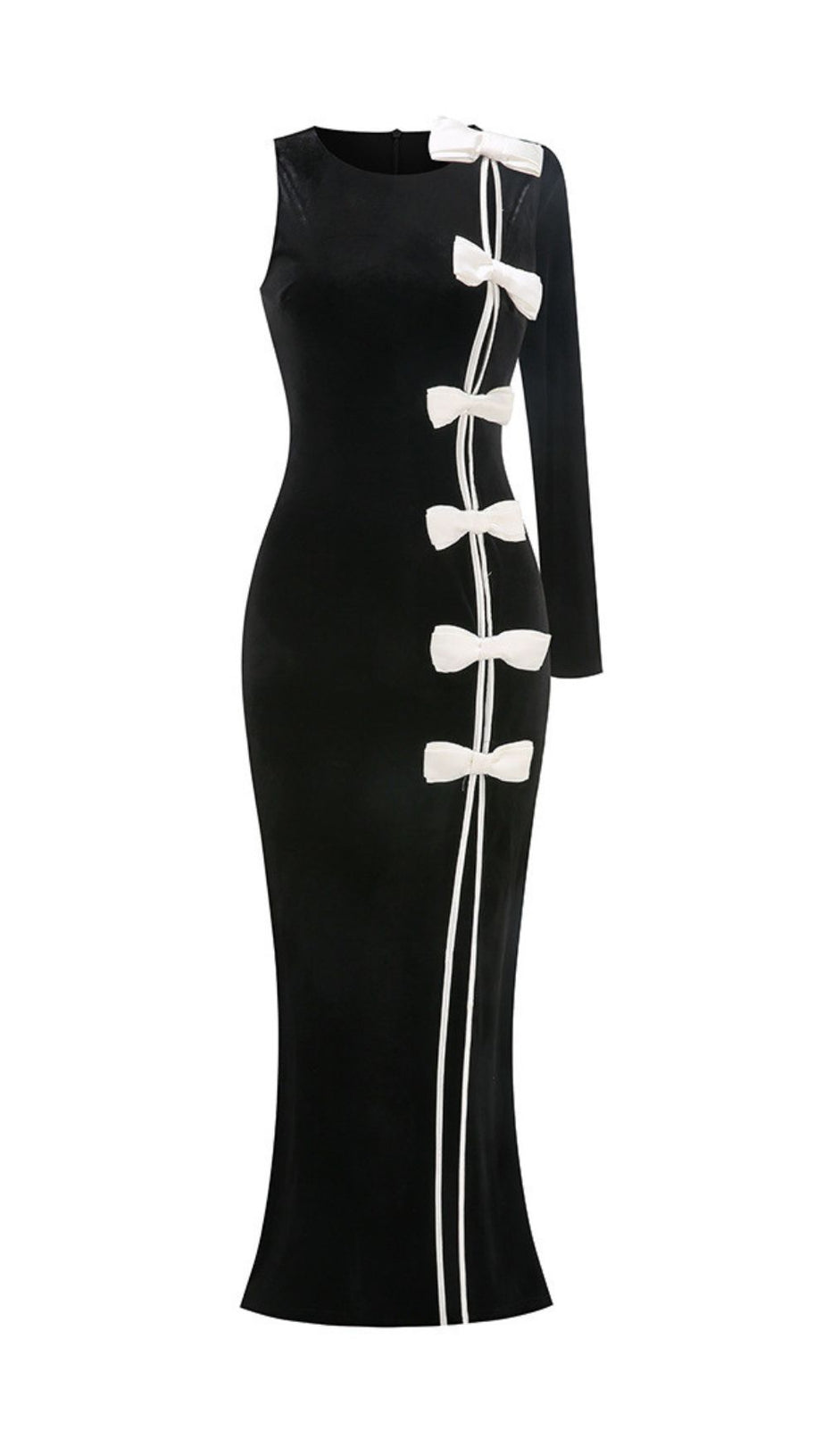 Joyce Black Velvet One-Sleeve Bow Maxi Gown | Statement Slit Dress