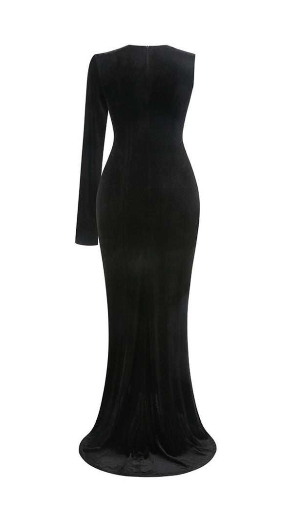 AIIZIE Joyce Black Velvet One-Sleeve Bow Maxi Gown | Statement Slit Dress - product image