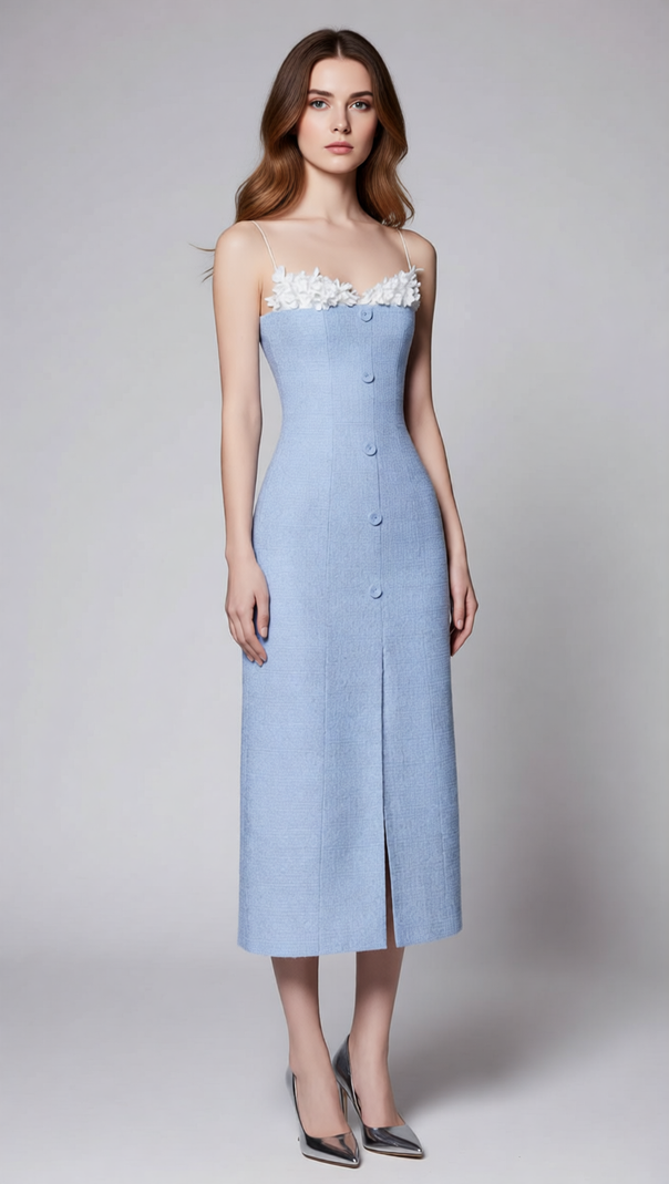 AIIZIE Juana Blue Floral Tweed Strappy Slit Midi Dress - Elegant Wedding Guest & Cocktail Attire - product image