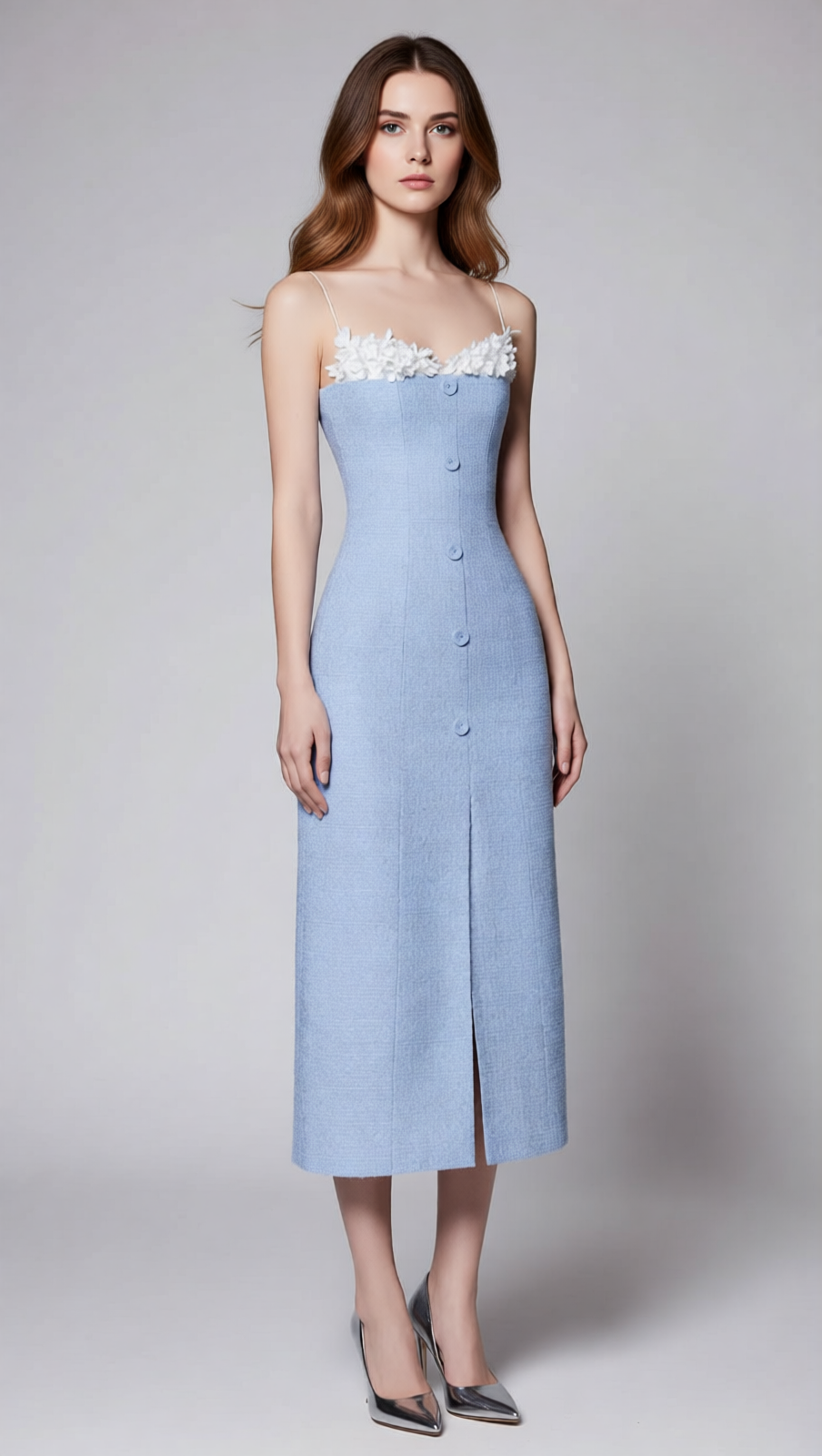 Juana Blue Floral Tweed Strappy Slit Midi Dress - Elegant Wedding Guest & Cocktail Attire