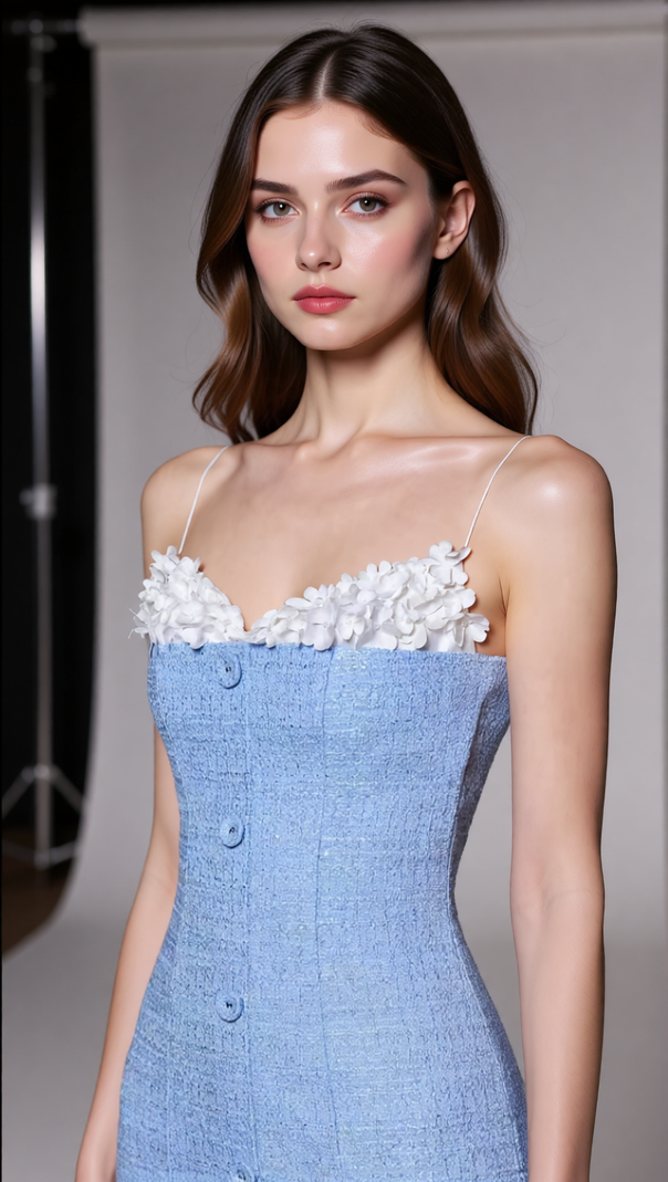 AIIZIE Juana Blue Floral Tweed Strappy Slit Midi Dress - Elegant Wedding Guest & Cocktail Attire - product image