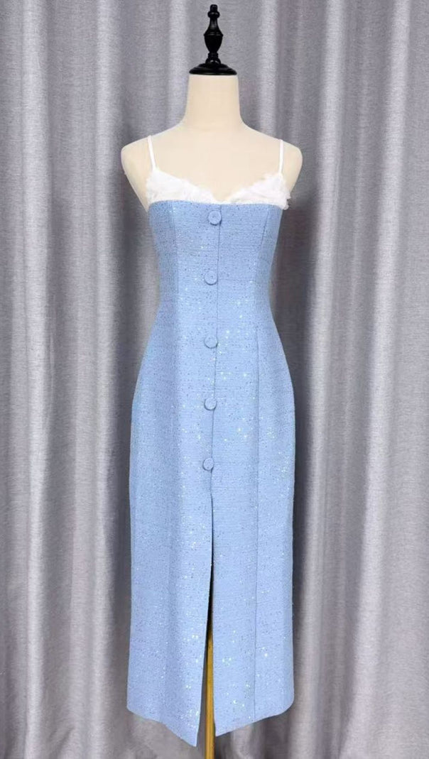 AIIZIE Juana Blue Floral Tweed Strappy Slit Midi Dress - Elegant Wedding Guest & Cocktail Attire - product image