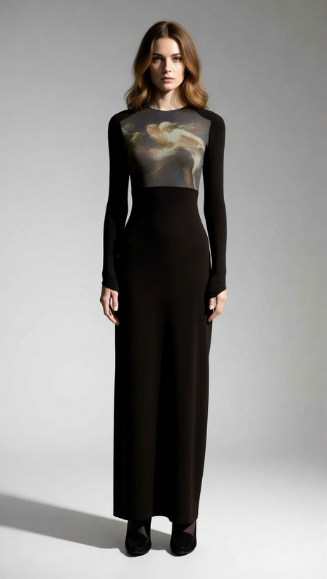 Juanita Ethereal Black Long Sleeve Maxi Dress - Art Print Bodice